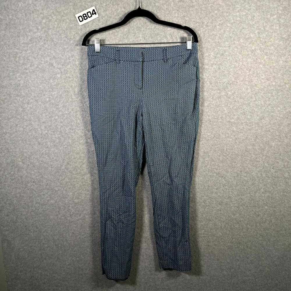 Adrienne Vittadini Pants Womens 6 Blue White Geometric Print Slim Fit Flat Front
